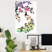 虹と黒の孔雀とさくらんぼの花 ポスター (ホームオフィス)