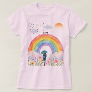 虹に向かって歩く – HOPE 水彩イラスト Tシャツ