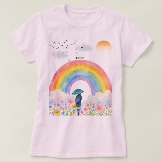 虹に向かって歩く – HOPE 水彩イラスト Tシャツ (デザイン正面)