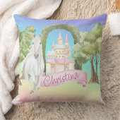 虹のおとぎ話の城と白い馬の水色 クッション (ブランケット)