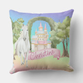 虹のおとぎ話の城と白い馬の水色 クッション (裏面)