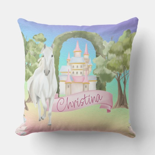 虹のおとぎ話の城と白い馬の水色 クッション (正面)