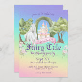 虹のおとぎ話の城白い馬の水色 招待状 (正面/裏面)