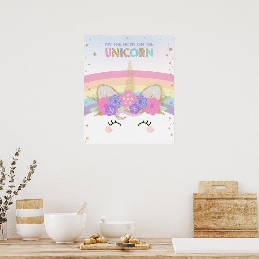 虹のかわいいおもしろいが角をピンで囲むユニコーンゲーム ポスター (キッチン)