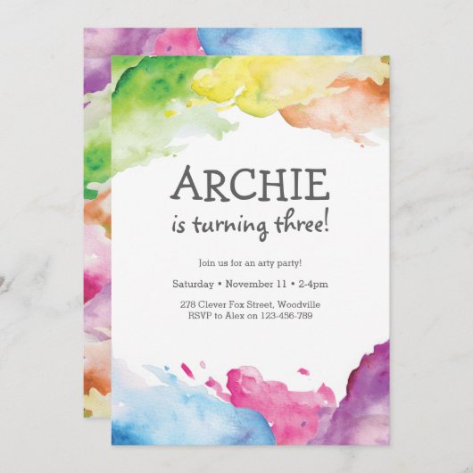 虹のしぶきの芸術の誕生日のパーティの招待状 招待状 (正面/裏面)