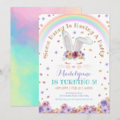 虹のウサギ 水彩フラワー うさぎの誕生日 招待状 (正面/裏面)