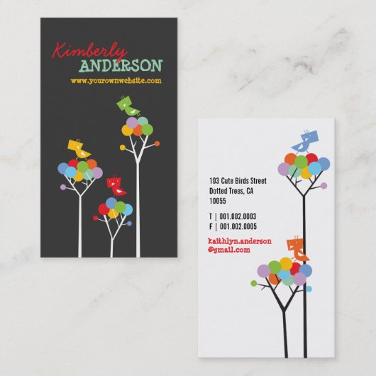 虹のカラフル点の木とかわいいツイートの鳥 名刺 (正面/裏面)