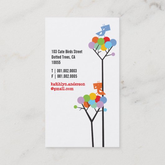 虹のカラフル点の木とかわいいツイートの鳥 名刺 (裏面)