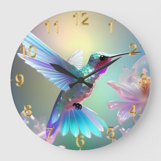 虹のガラスのハミングバード ラージ壁時計 (正面)