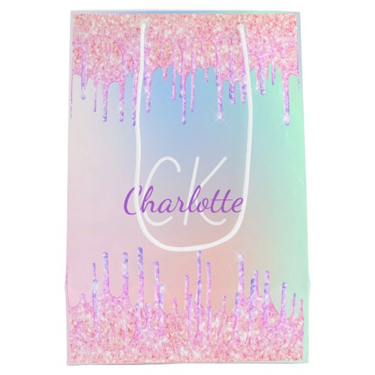 虹のグリッターがピンクのモノグラム贅沢に滴る ミディアムペーパーバッグ (裏面)