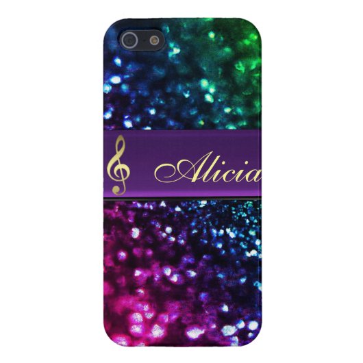 虹のグリッターのパーソナライズな金ゴールド音楽クレフ、音符記号の場合 iPhoneケース (裏面)