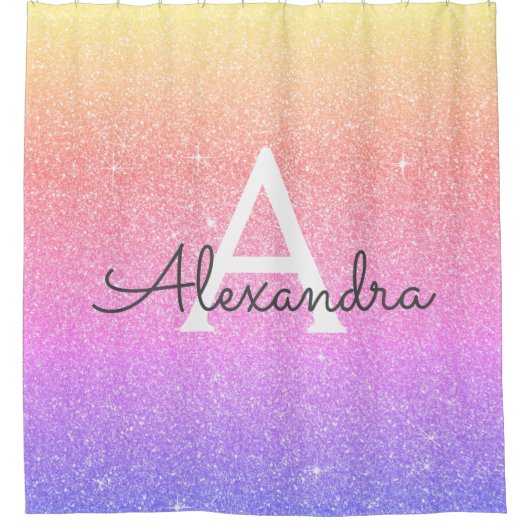 虹のグリッターのモノグラムの名前の浴室 シャワーカーテン (正面)