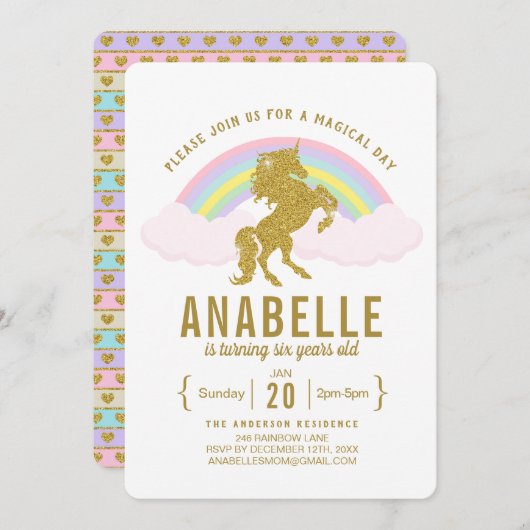 虹のグリッターのユニコーンの誕生日のパーティの招待状 招待状 (正面/裏面)