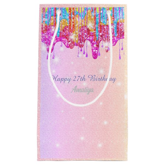 虹のグリッターの明るい色の誕生日の輝き スモールペーパーバッグ (正面)