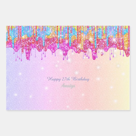 虹のグリッターの明るい色の誕生日の輝き ラッピングペーパーシート (正面)