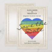 虹のグリッター ハート Save the Date オーダーメイド名入り 招待状 (正面/裏面)