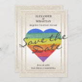 虹のグリッター ハート Save the Date オーダーメイド ネーム 招待状 (正面/裏面)