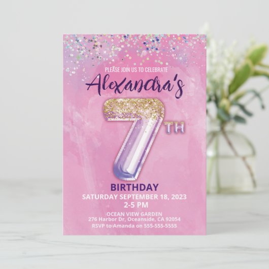 虹のグリッター 7歳の誕生日 ガールパーティー 招待状 (スタンド正面)