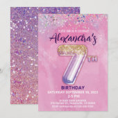 虹のグリッター 7歳の誕生日 ガールパーティー 招待状 (正面/裏面)