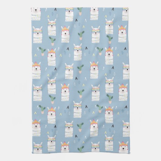 虹のサングラスのラマパターン キッチンタオル (縦)