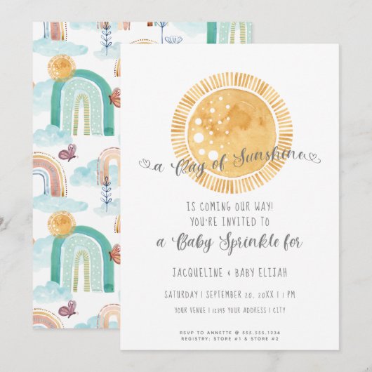 虹のサンシャイン モダン ウォーターカラー ベイビー スプリンクル 招待状 (正面/裏面)
