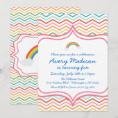 虹のシェブロンのストライプでモダンな誕生会 招待状 (正面/裏面)