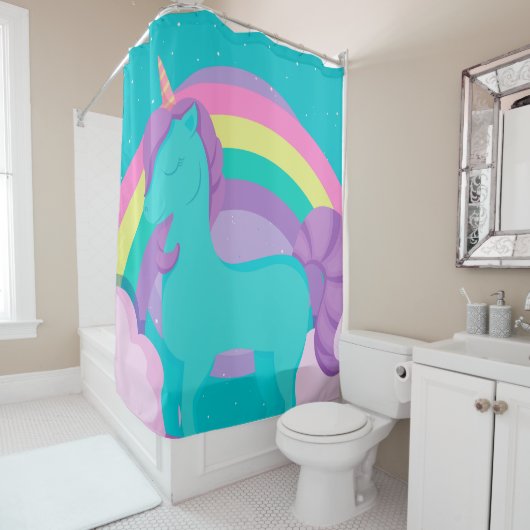 虹のシャワーカーテン付きの緑のユニコーン シャワーカーテン (インサイチュ)