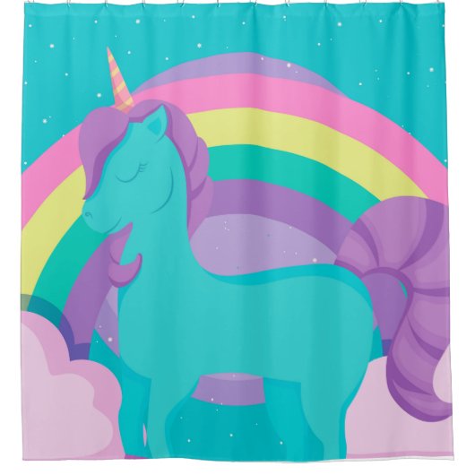 虹のシャワーカーテン付きの緑のユニコーン シャワーカーテン (正面)