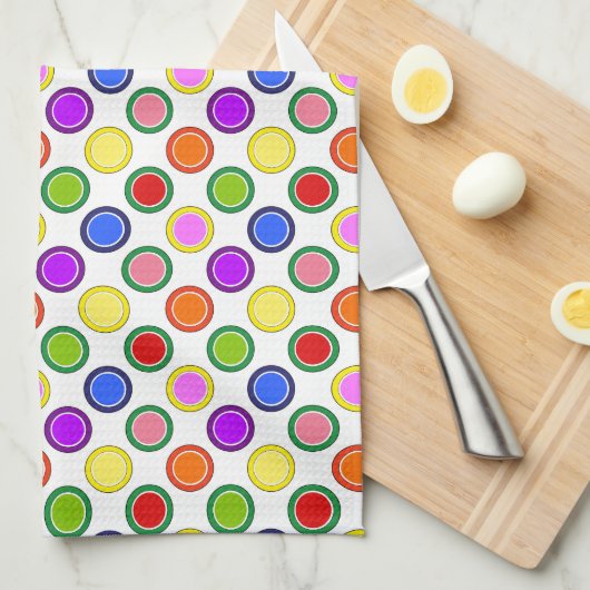 虹のストライプと水玉模様のハッピーカラフル キッチンタオル (四つ折り)