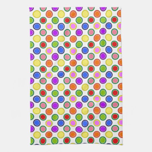 虹のストライプと水玉模様のハッピーカラフル キッチンタオル (縦)