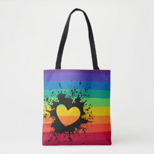 虹のストライプなハートの(ばちゃばちゃ)跳ねるLGBT トートバッグ