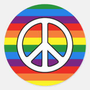 虹のストライプなピースサインのゲイプライドLGBTサポート ラウンドシール