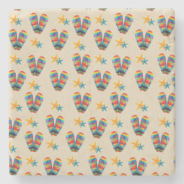 虹のストライプのなビーチのビーチサンダルおよびヒトデ ストーンコースター