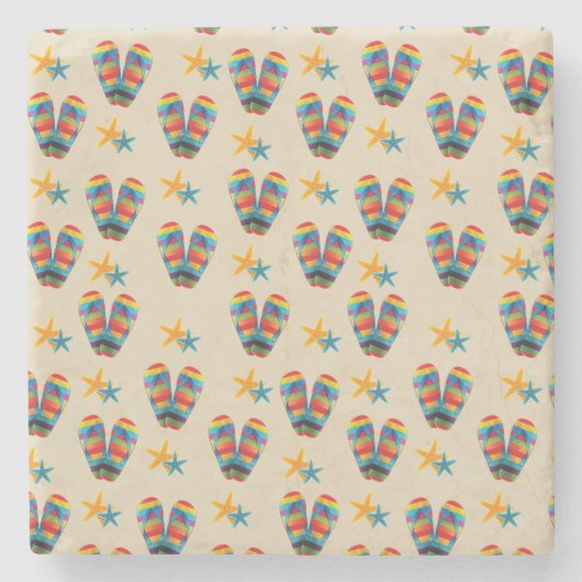 虹のストライプのなビーチのビーチサンダルおよびヒトデ ストーンコースター (正面)