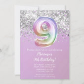 虹のスパークルグリッターガール 9歳の誕生日パーティー 招待状 (正面)