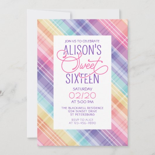 虹のチェック柄 スイート16の誕生日 招待状 (正面)