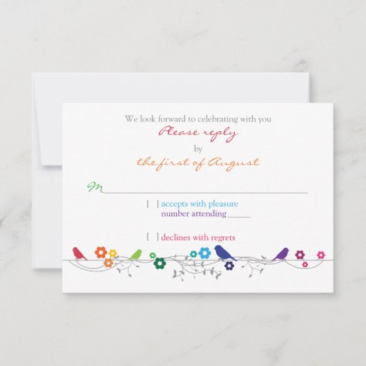 虹のテーマの鳥 花 結婚式 RSVP 返信 (正面)