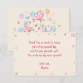 虹のトランポリンに乗って跳ねるユニコーンの子供の誕生日 サンキューカード (正面/裏面)