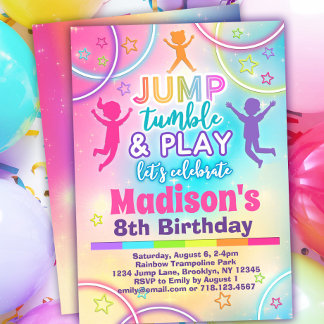虹のトランポリンパークの女の子の誕生日ジャンプ 招待状