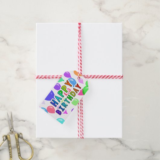虹のハッピーバースデー数々の色のバルーン ギフトタグ (より糸付き)