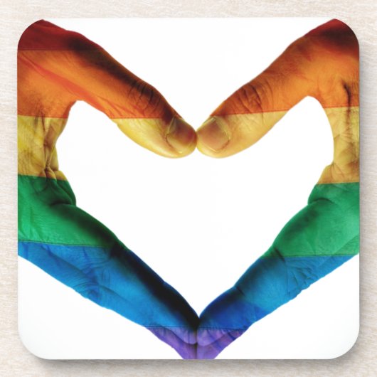 虹のハートとして絵を描かれる手 コースター (正面)