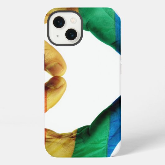 虹のハートとして絵を描かれる手 iPhoneケース (裏面)
