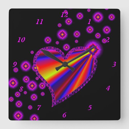 『虹のハートと星』 スクエア壁時計 (正面)
