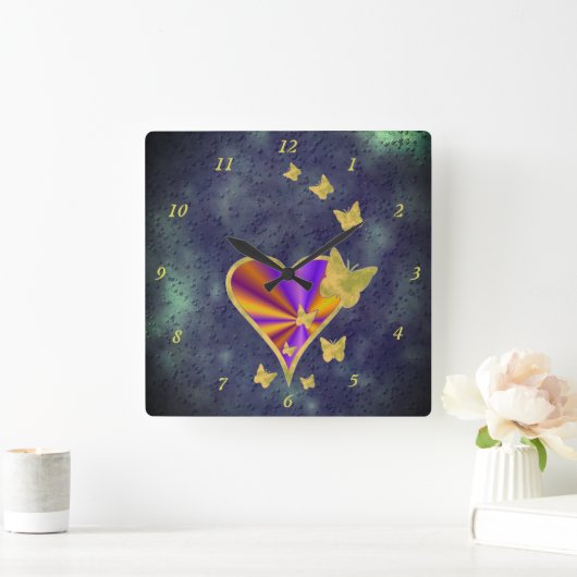 虹のハートと蝶 スクエア壁時計 (ホーム)