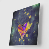 虹のハートと蝶 スクエア壁時計 (傾斜)