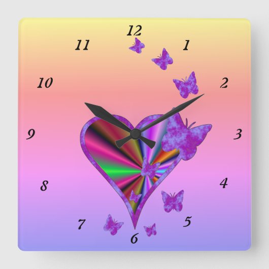 虹のハートと蝶 スクエア壁時計 (正面)