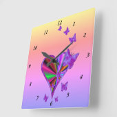 虹のハートと蝶 スクエア壁時計 (傾斜)