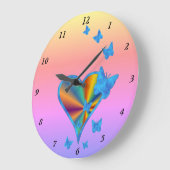 虹のハートと蝶 ラージ壁時計 (傾斜)