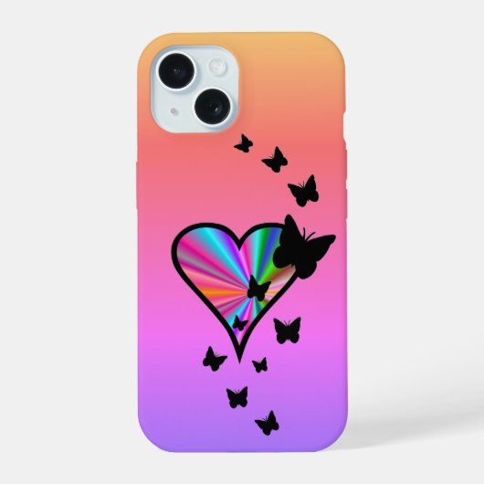 虹のハートと蝶 iPhone 15ケース (裏面)