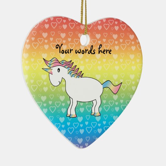 虹のハートのかわいく白い虹のユニコーン セラミックオーナメント (右)